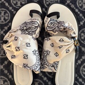 Tory Burch Black and Cream Paisley Sandals
